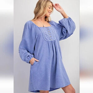 New! Easel Mineral Washed Cotton Gauze Babydoll Dress Long Sleeve Lilac …